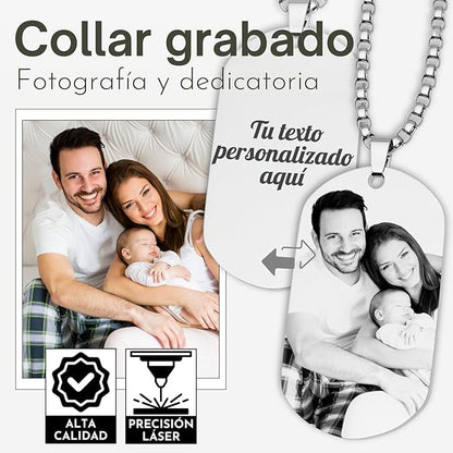 Collar con foto personalizado para hombre: colgante tipo placa militar grabado a medida.
