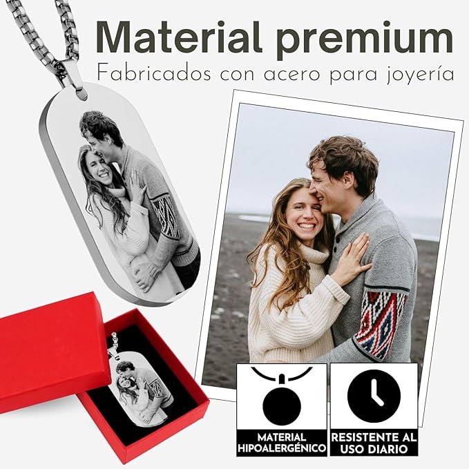 Collar con foto personalizado para hombre: colgante tipo placa militar grabado a medida.