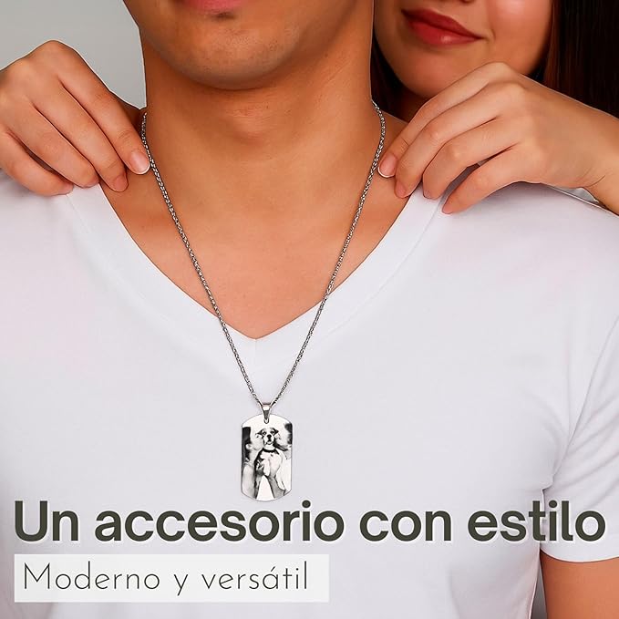 Collar con foto personalizado para hombre: colgante tipo placa militar grabado a medida.